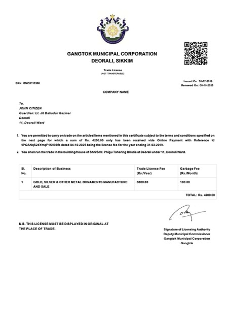 India Gangtok trade license Word and PDF template